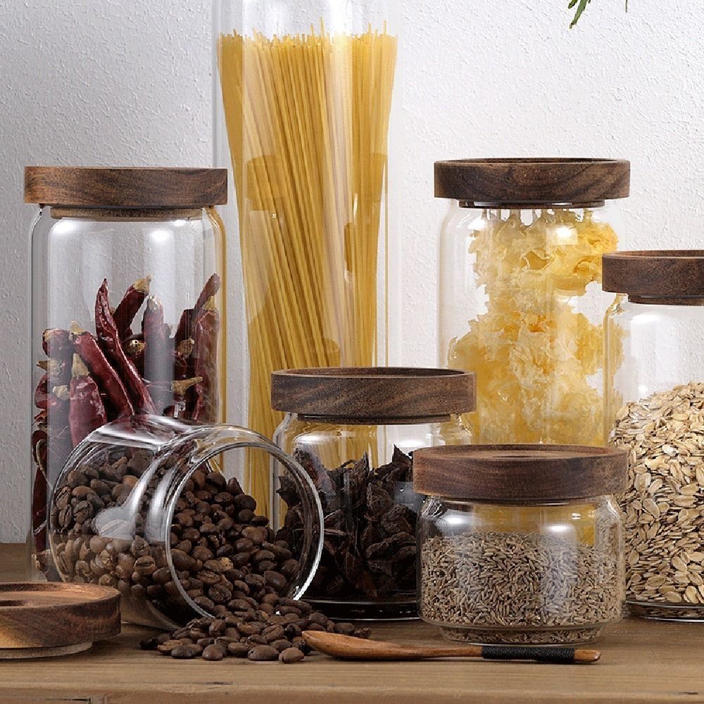 Food Storage Glass Round - Multifunktionale Glas-Vorratsdose mit Holzdeckel für Kaffeebohnen,