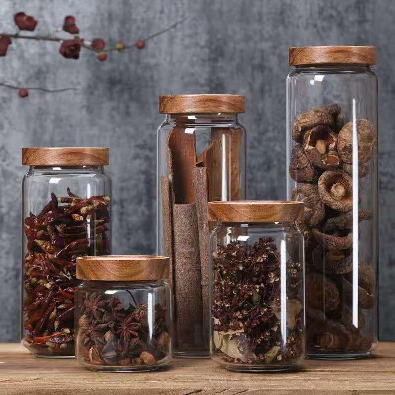 Food Storage Glass Round - Runde Glas Rohr Glas Akazienholz Abdeckung