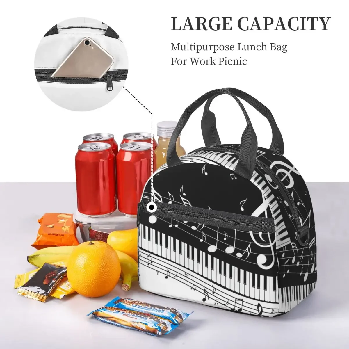 Food Storage Notes - Abstrakte Klaviertasten mit Musiknoten, isolierte Lunchtasche