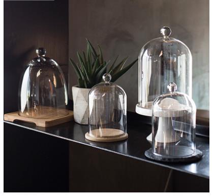 Food Storage Glass Round - Frischhaltedeckel aus Glas, Kuchenteller mit Holztablett,