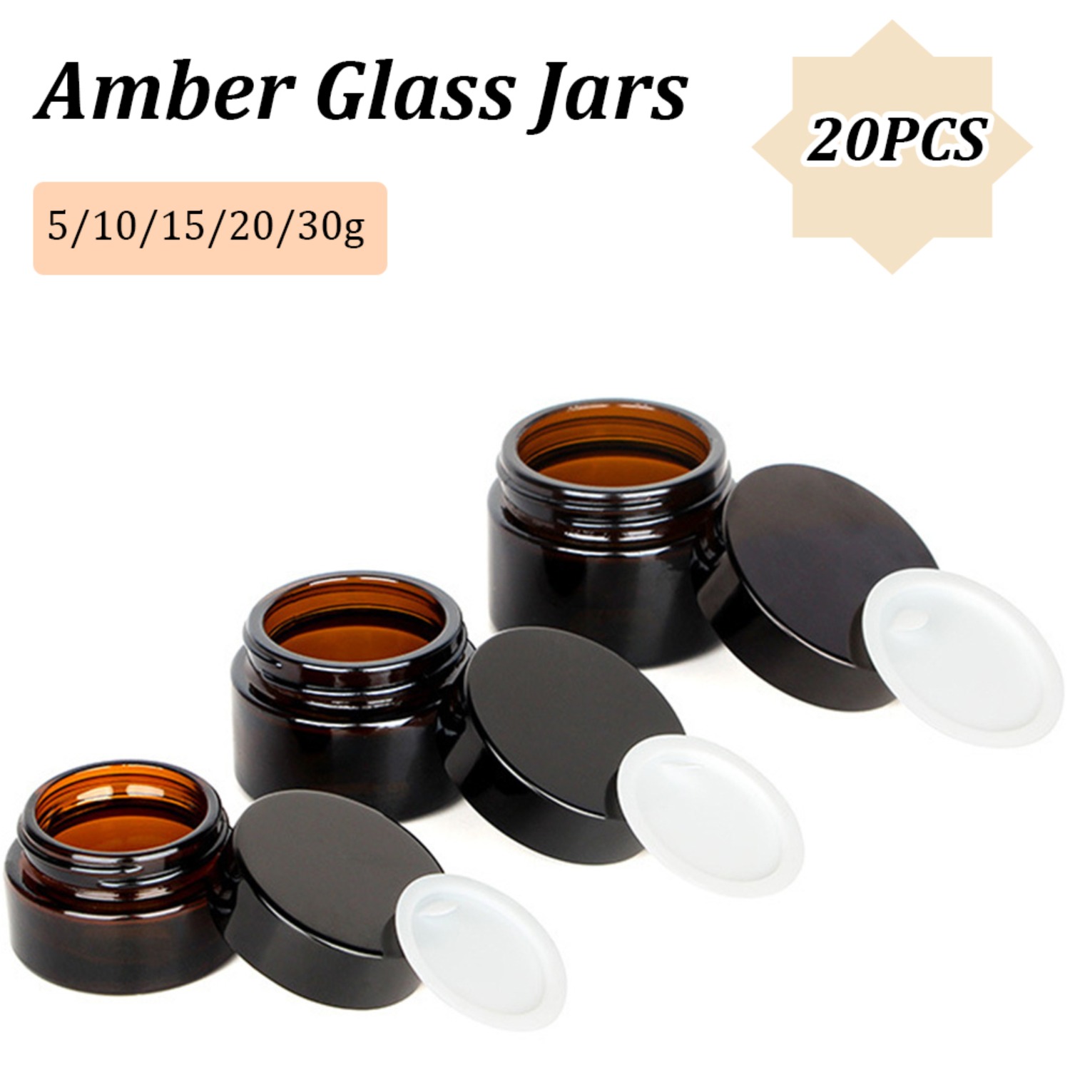 Food Storage Glass Round - 20 kleine bernsteinfarbene Glasgefäße mit schwarzen